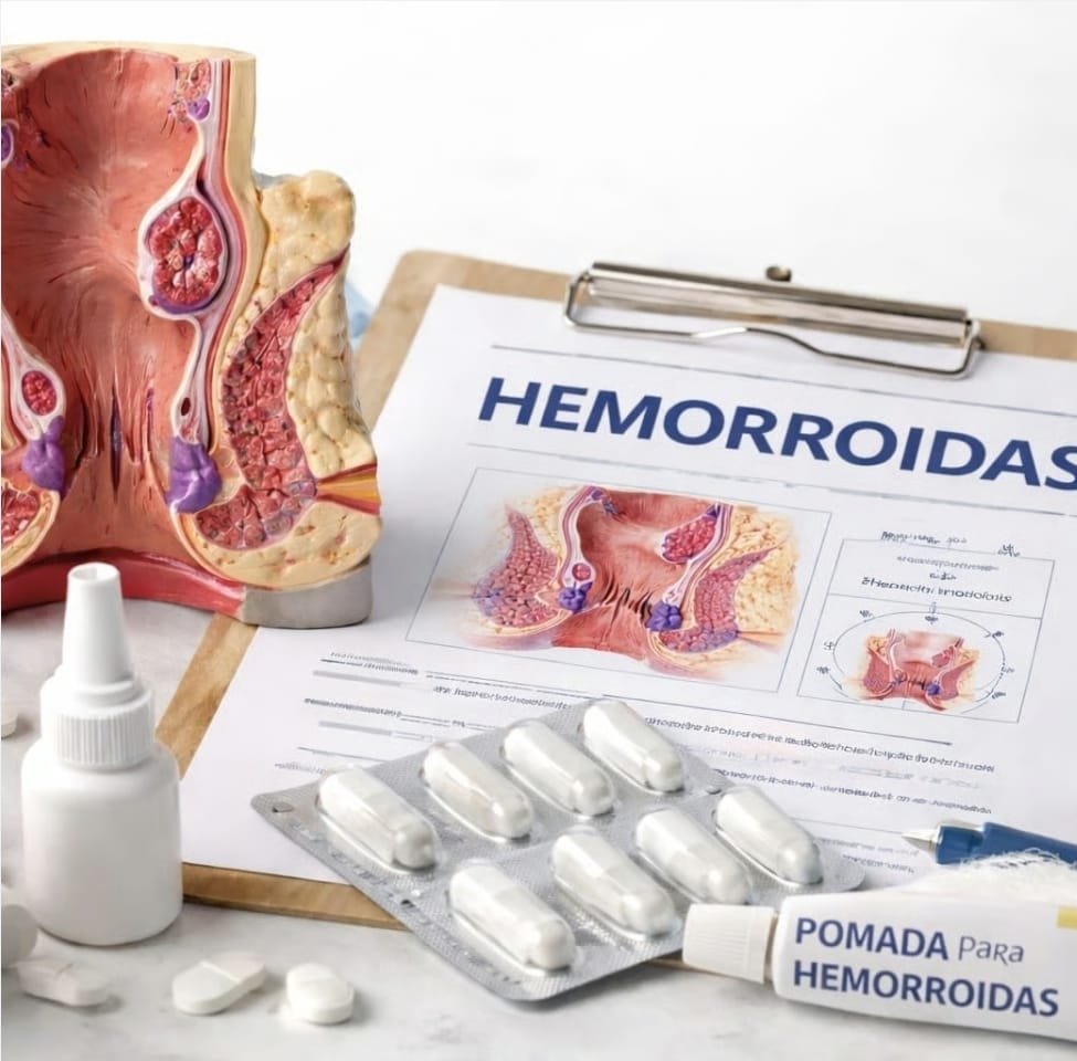 Modelo anatômico da região anal ao lado de prancheta com diagrama sobre hemorroidas, comprimidos, spray e pomada de tratamento