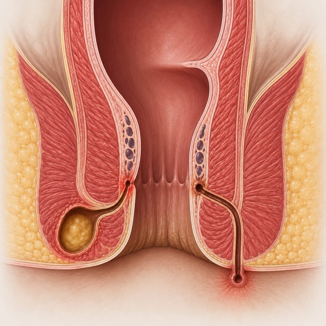 Ilustração anatômica mostrando um abscesso anal e uma fístula anal em corte transversal